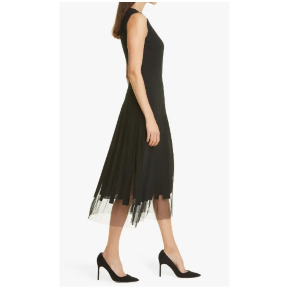 SOLD Hugo Boss Black Sleeveless Pleated Mesh Overlay Fit & Flare Midi Dress Sz - Picture 4 of 13